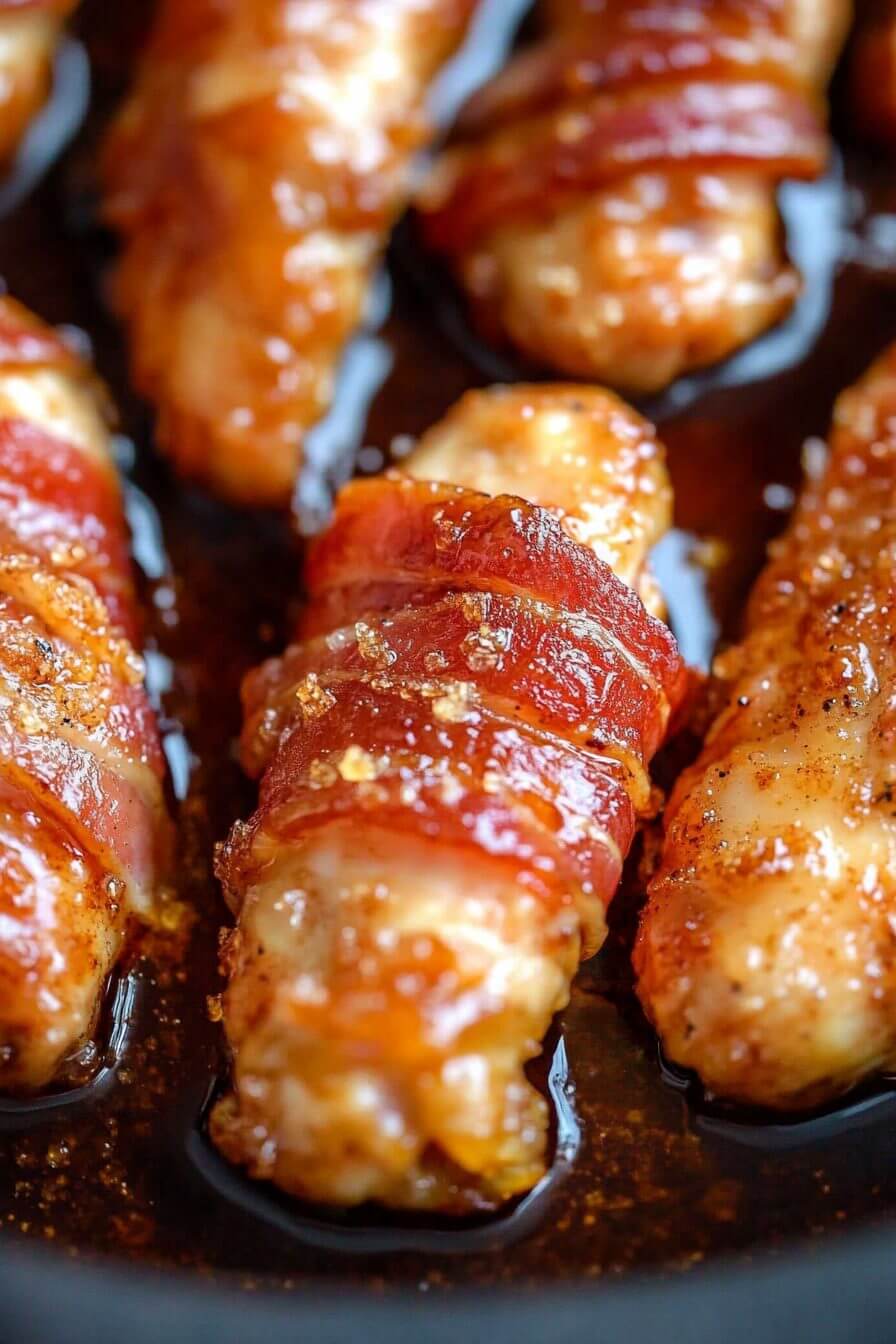 Bacon Brown Sugar Chicken Tenders on a wooden board