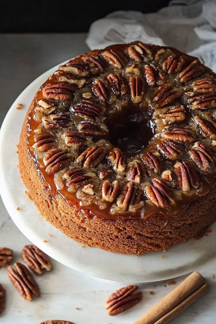 Pecan Upside Down Cake fresh out of the oven