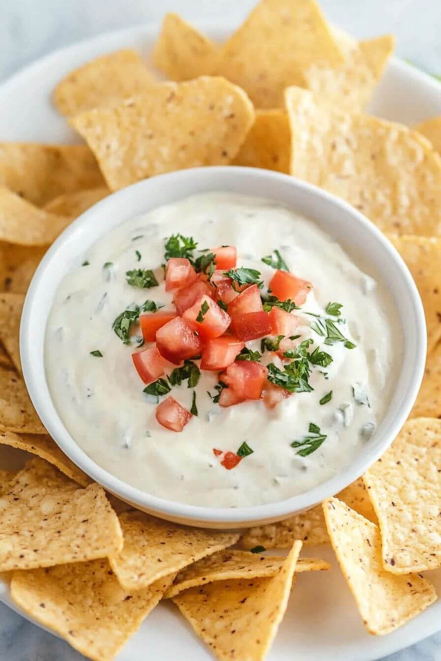 White Queso Dip in bowl with chips