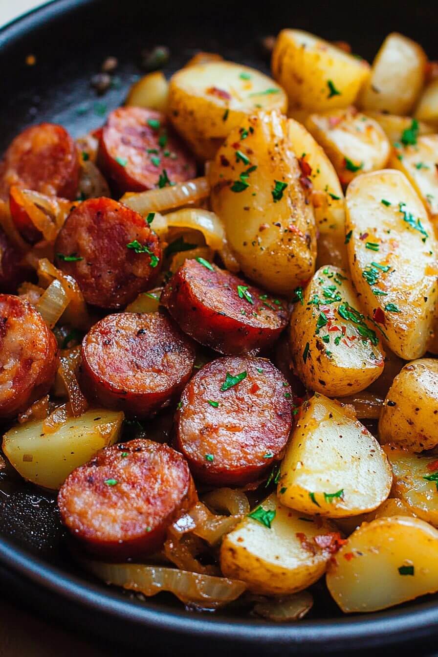 Fried Potatoes Onions And Smoked Polish Sausage