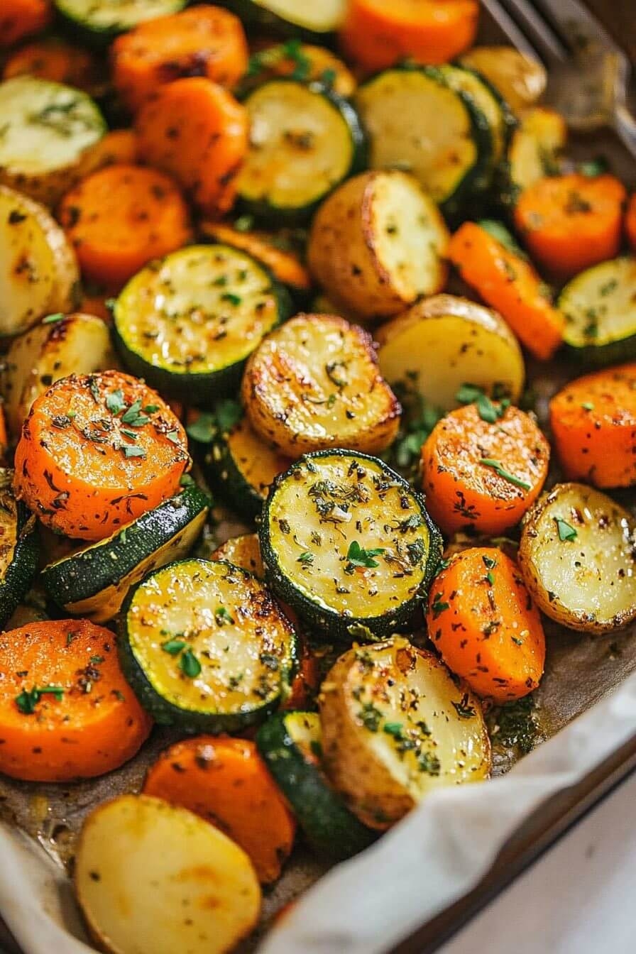 Close-up of roasted potatoes, carrots, and zucchini