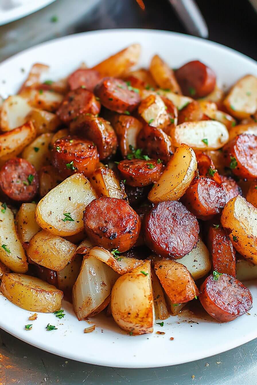 Fried Potatoes Onions And Smoked Polish Sausage