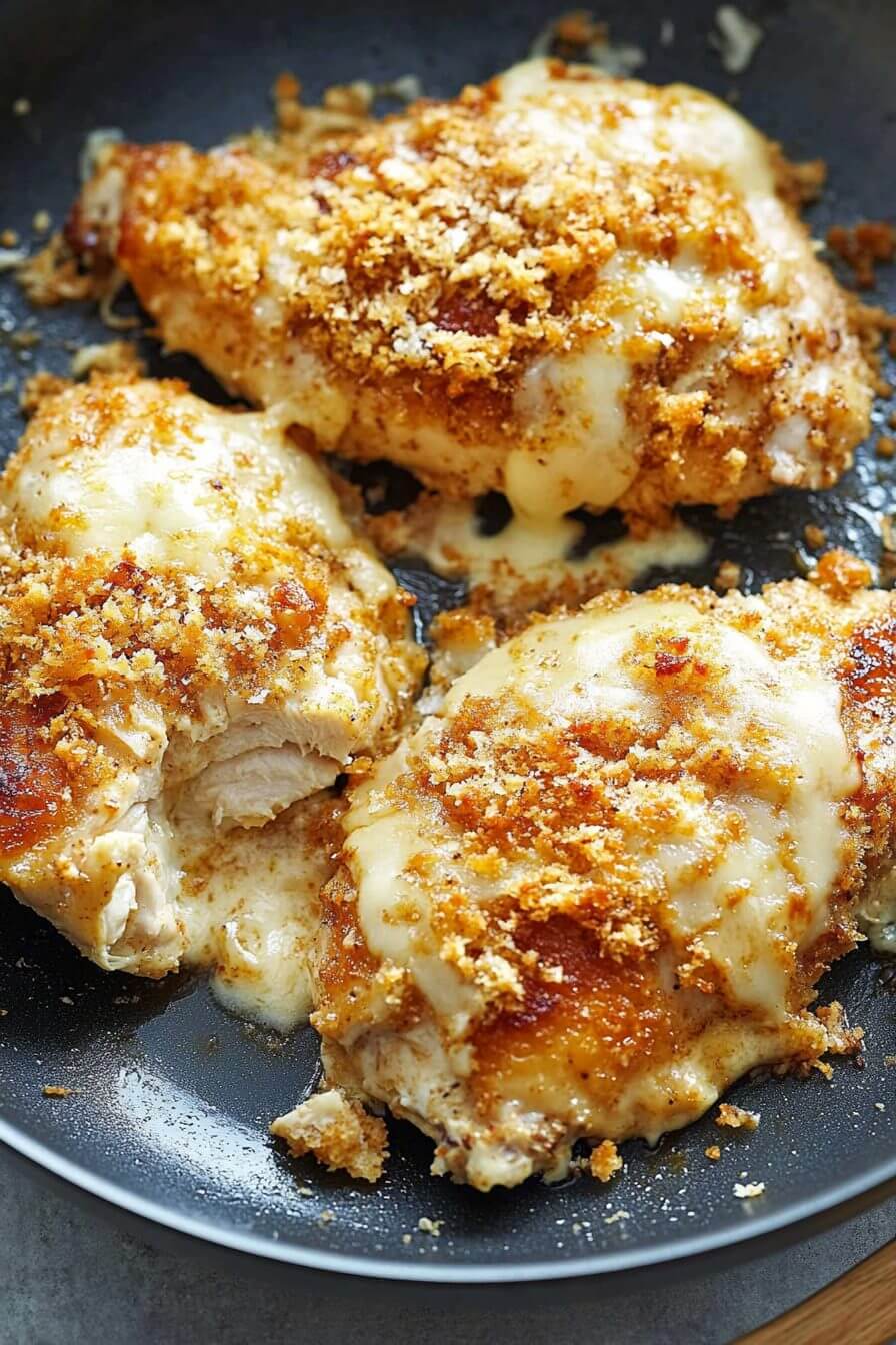 Three pieces of Parmesan-crusted chicken on a plate