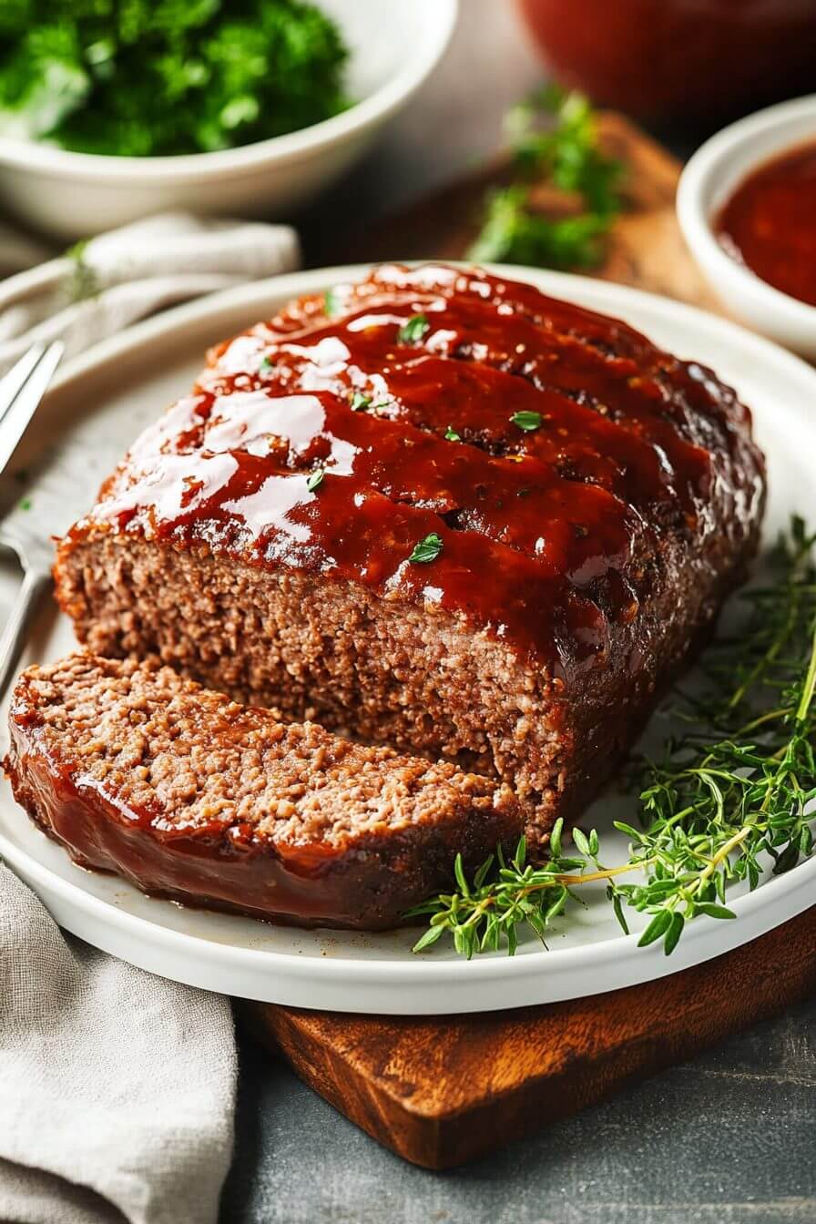 Slice of meatloaf with ketchup glaze