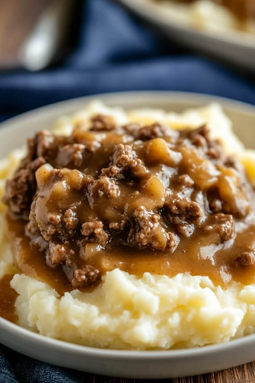 Ground Beef and Gravy Over Mashed Potatoes