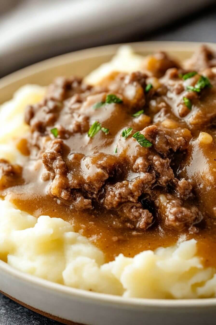 Ground Beef and Gravy Over Mashed Potatoes