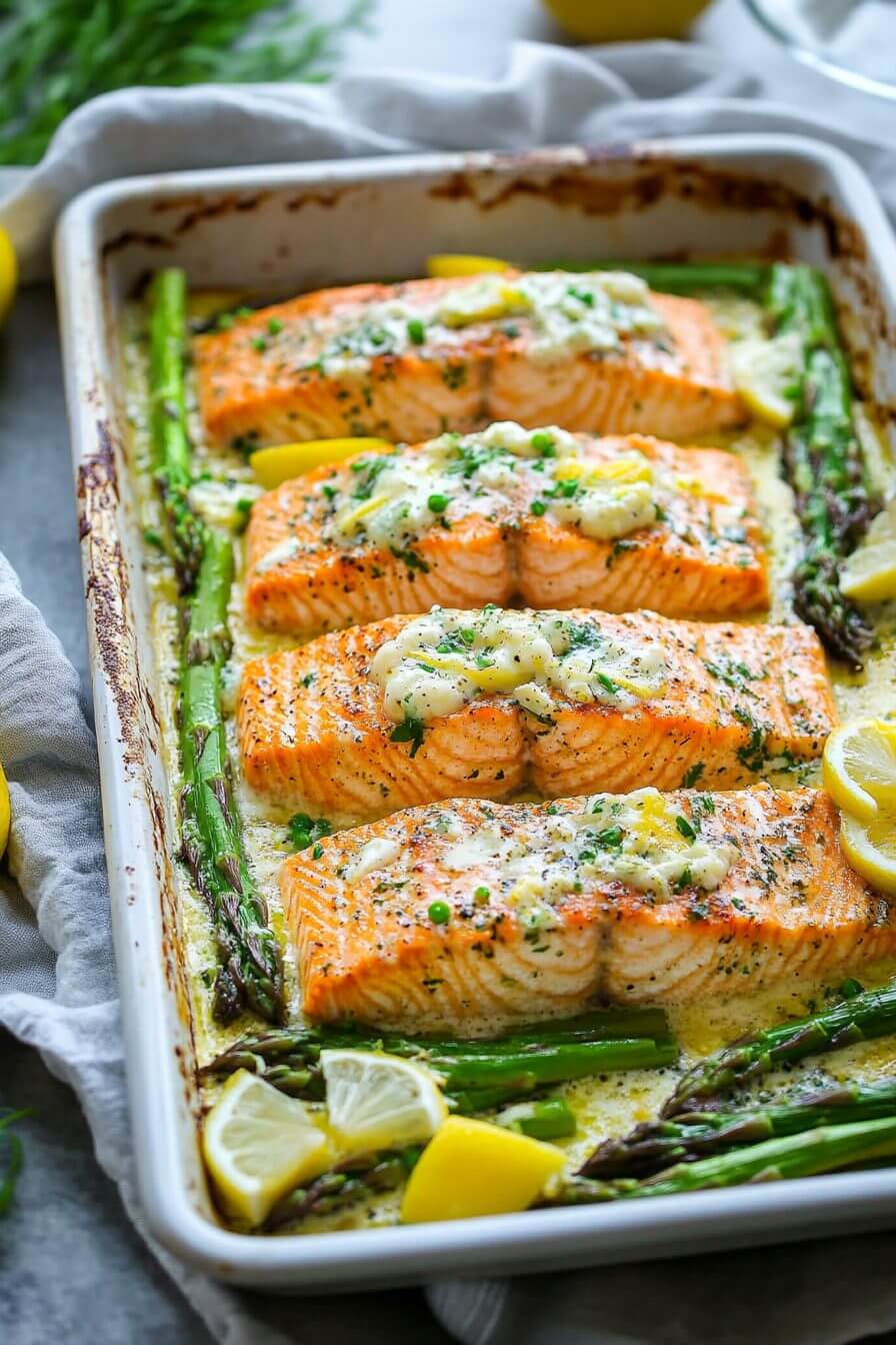 Baked Salmon with Asparagus, Lemon, Garlic and Butter Sauce