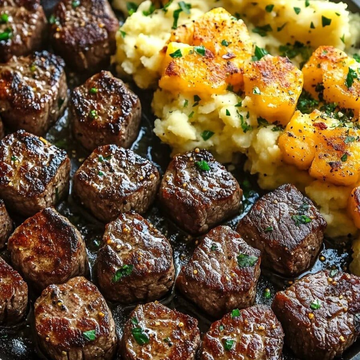 Garlic Butter Steak Bites and Cheesy Smashed Potatoes