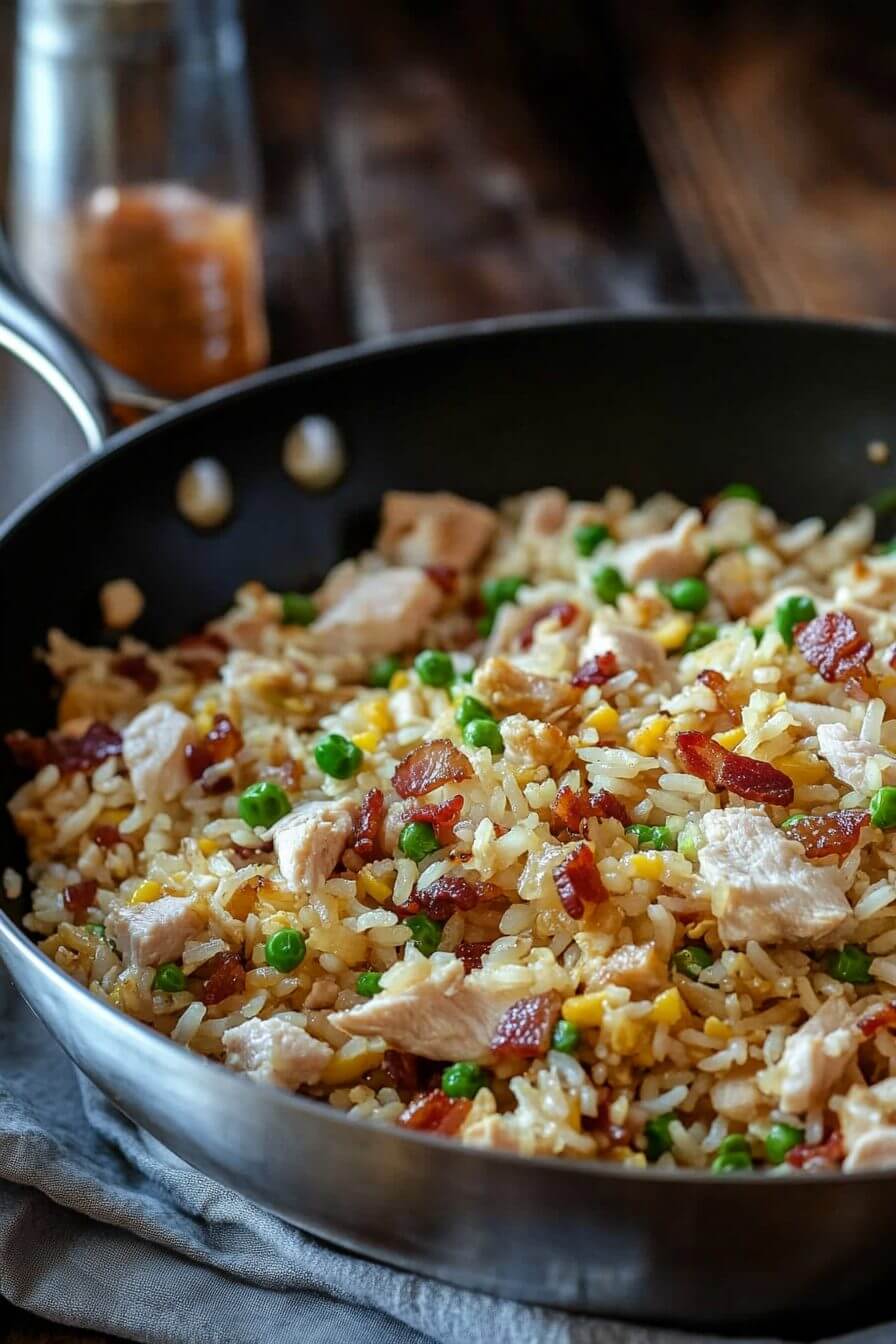 Chicken and bacon fried rice close-up view