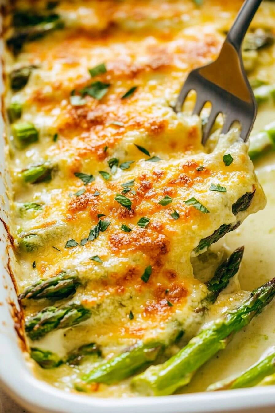 Close-up of a creamy cheesy asparagus casserole