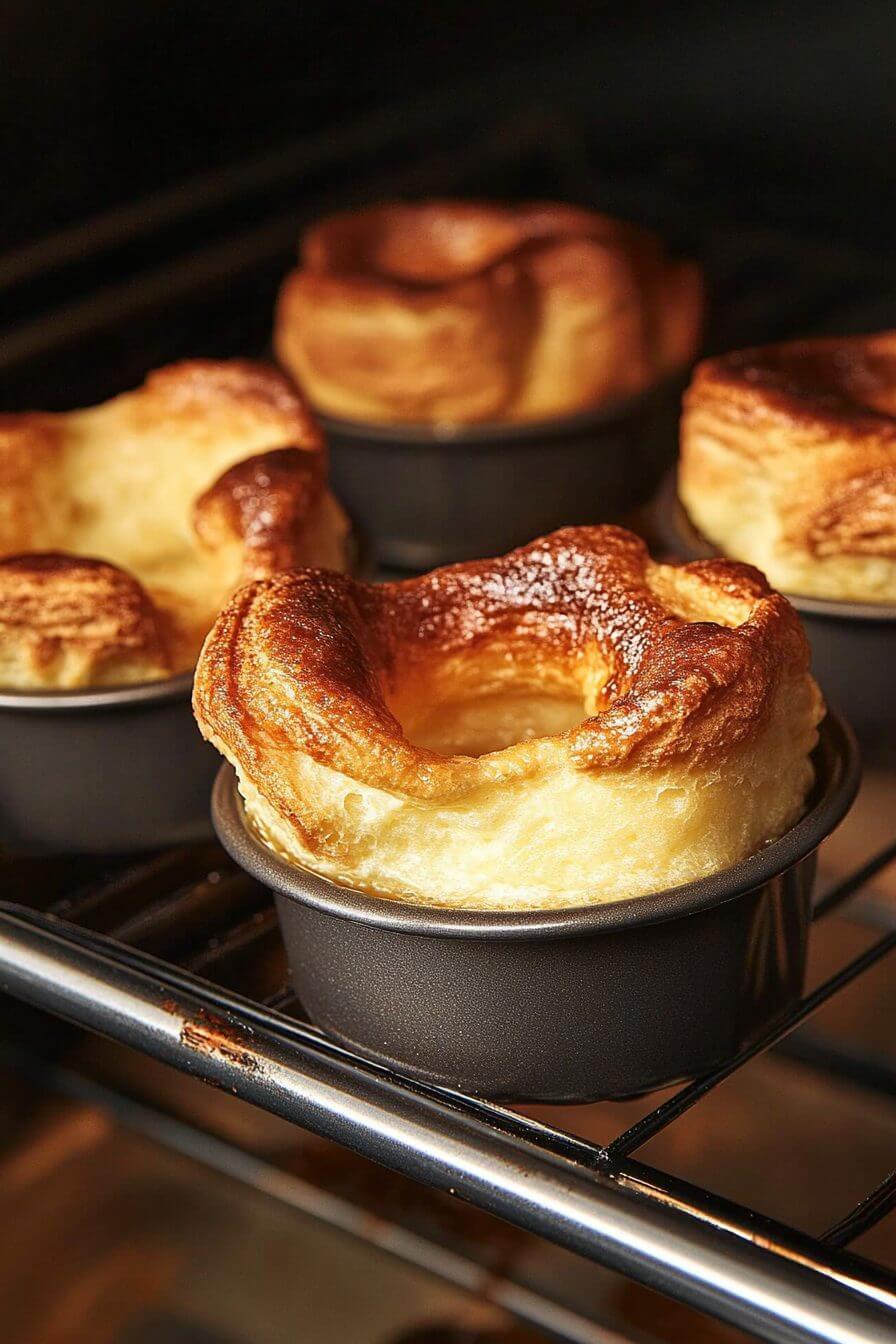 Golden Yorkshire puddings rising in a tin
