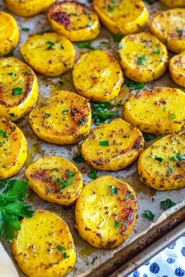Golden brown patty pan squash in skillet