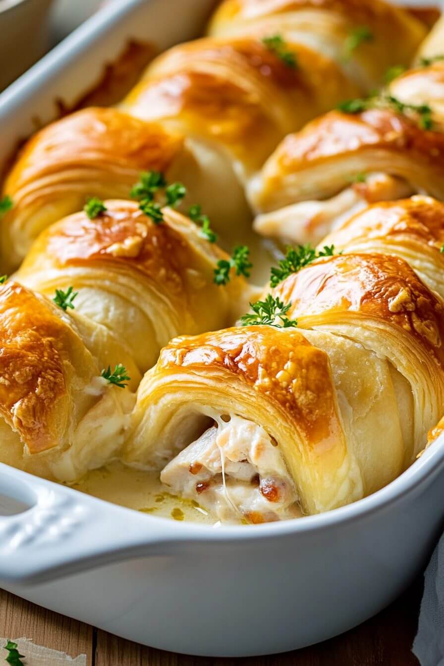Golden chicken crescent roll ups on a baking sheet