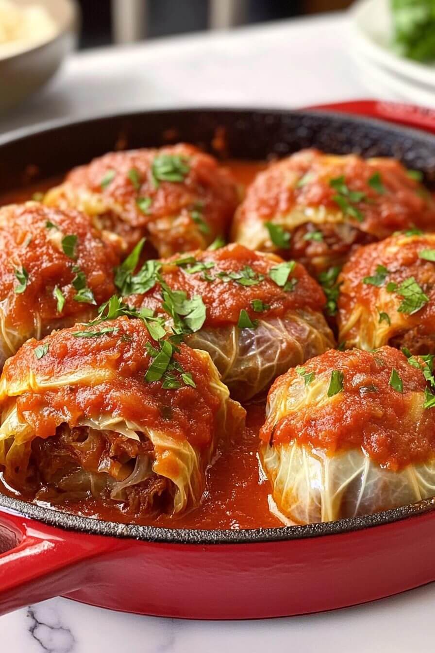 Stuffed cabbage rolls simmering in tomato sauce with quince slices