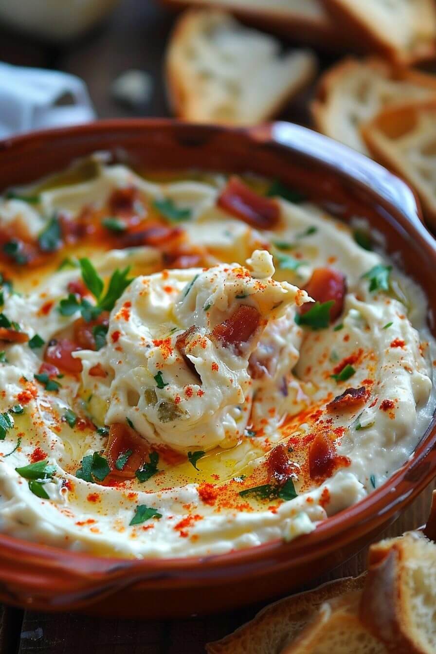 Warm creamy cheesy bacon dip bubbling in a baking dish
