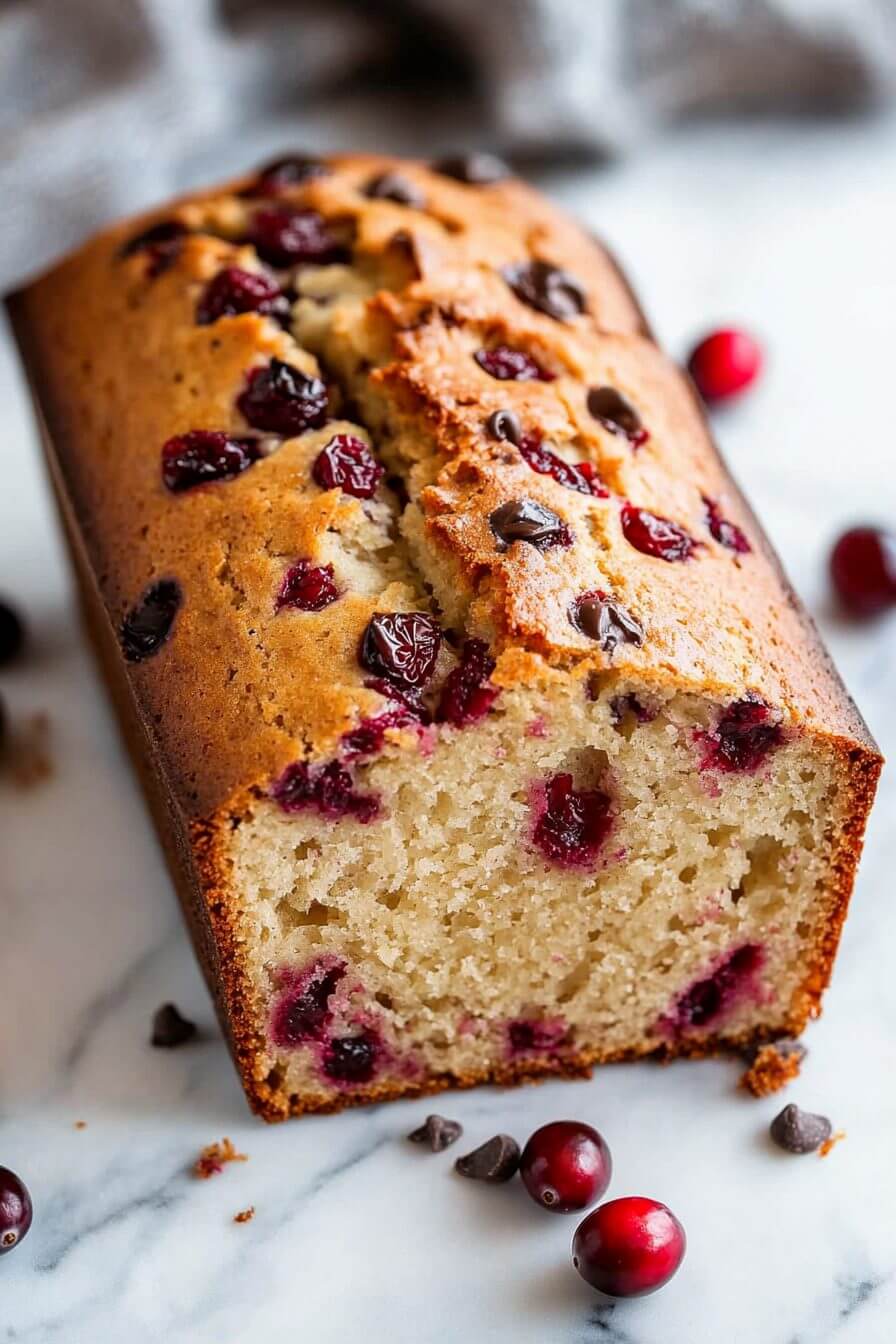 A freshly baked loaf of cranberry orange bread resting on a wire rack