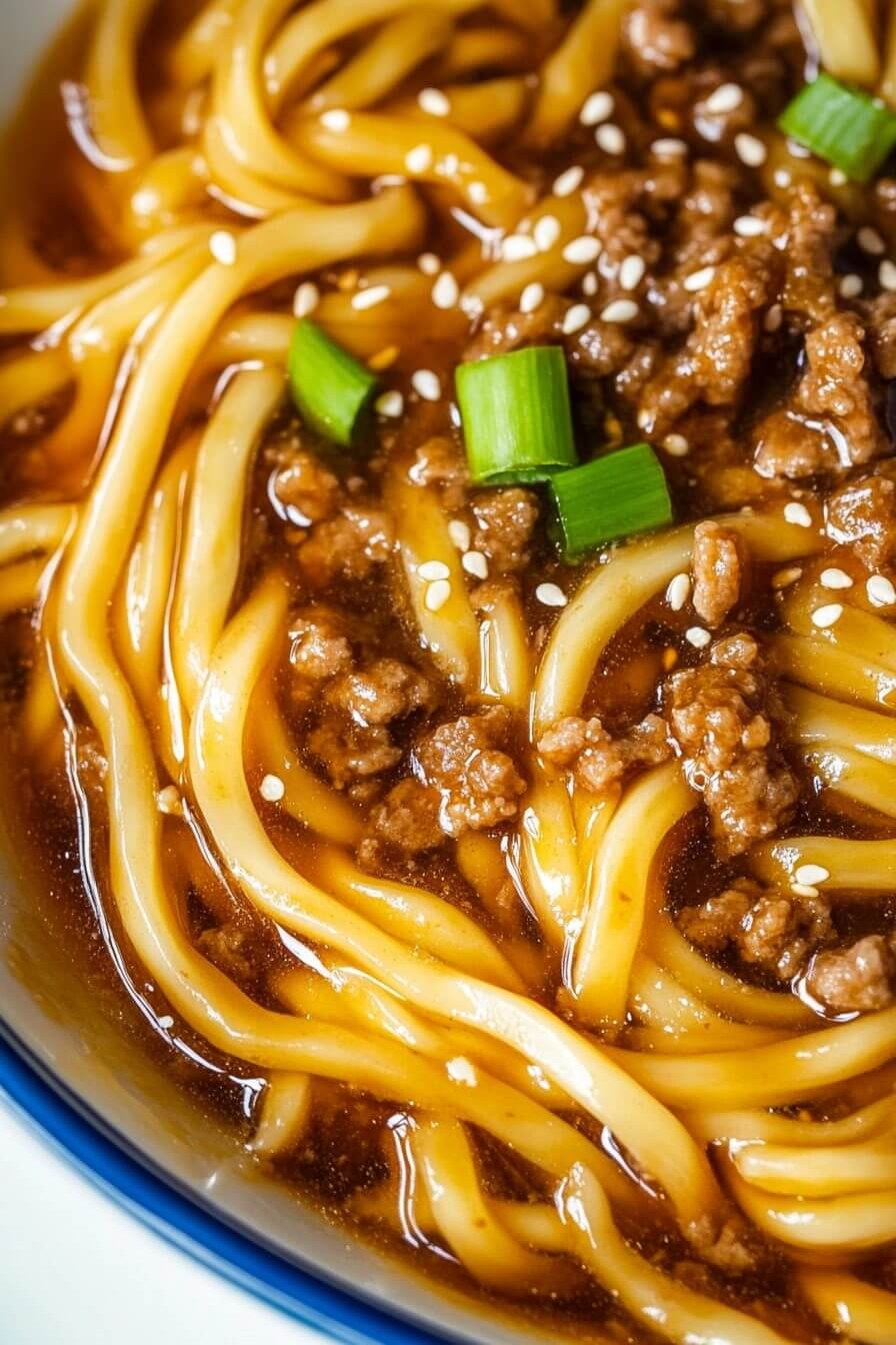 Close-up of Mongolian Ground Beef Noodles