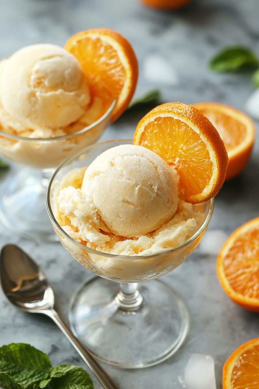 Bowl of homemade orange sherbet with a spoon