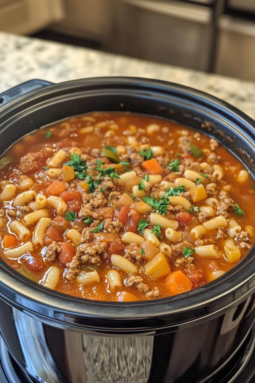 Slow Cooker Pasta Fagioli in a white bowl with parsley and parmesan