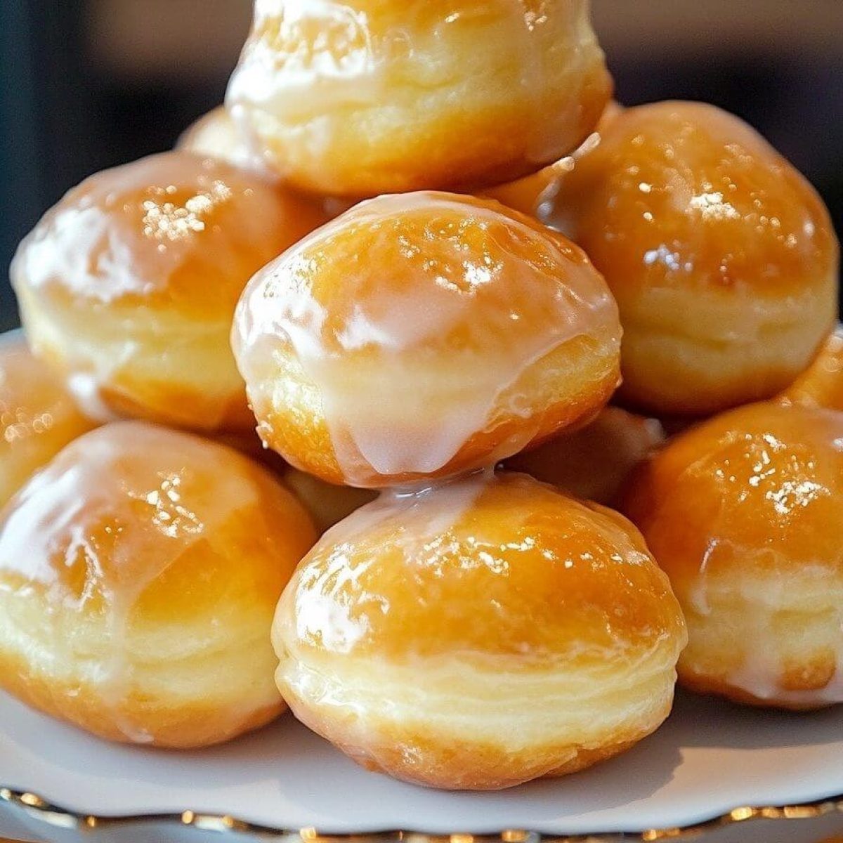 Plate of homemade glazed doughnut holes stacked on a white cake stand