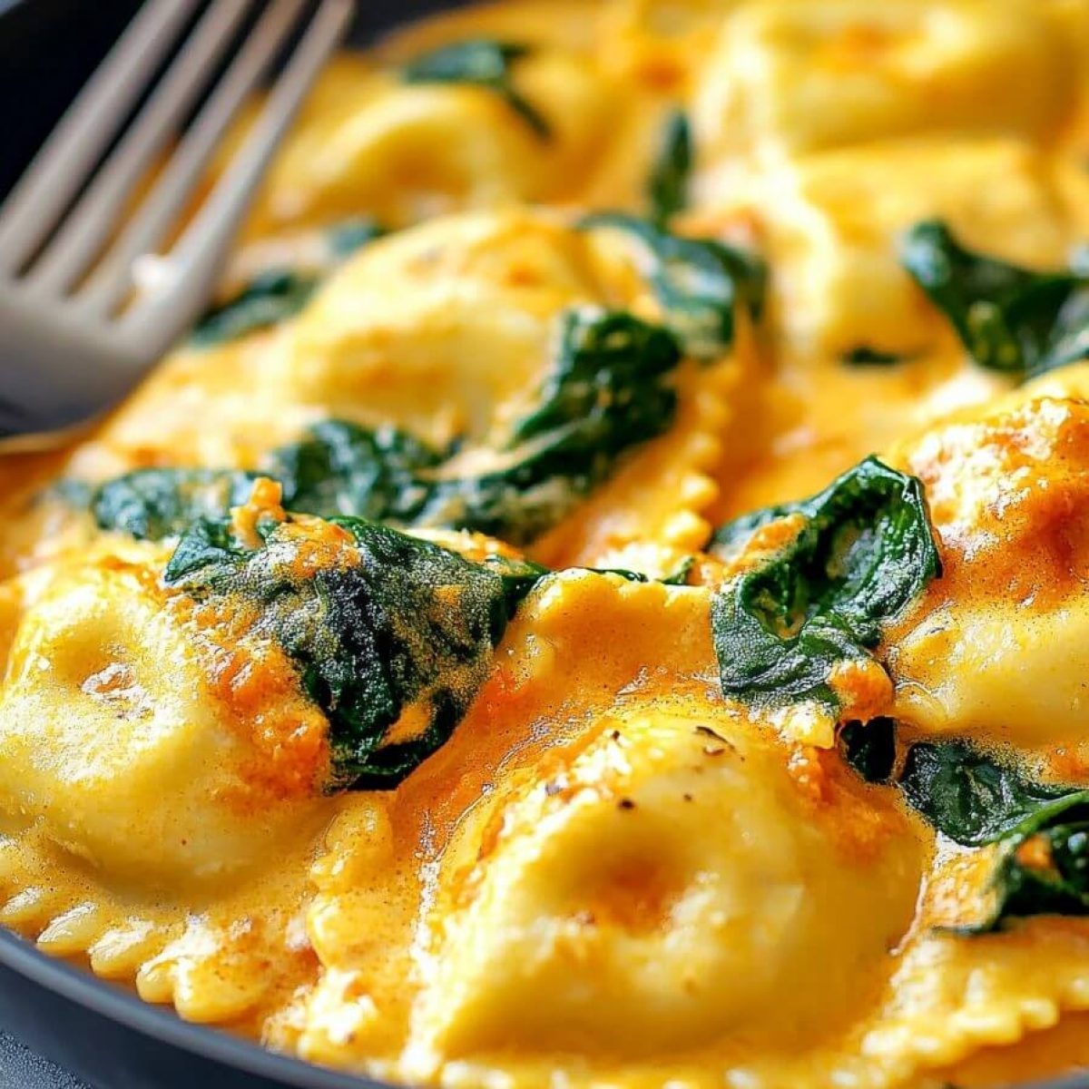 Ravioli in creamy tomato sauce with spinach in a skillet
