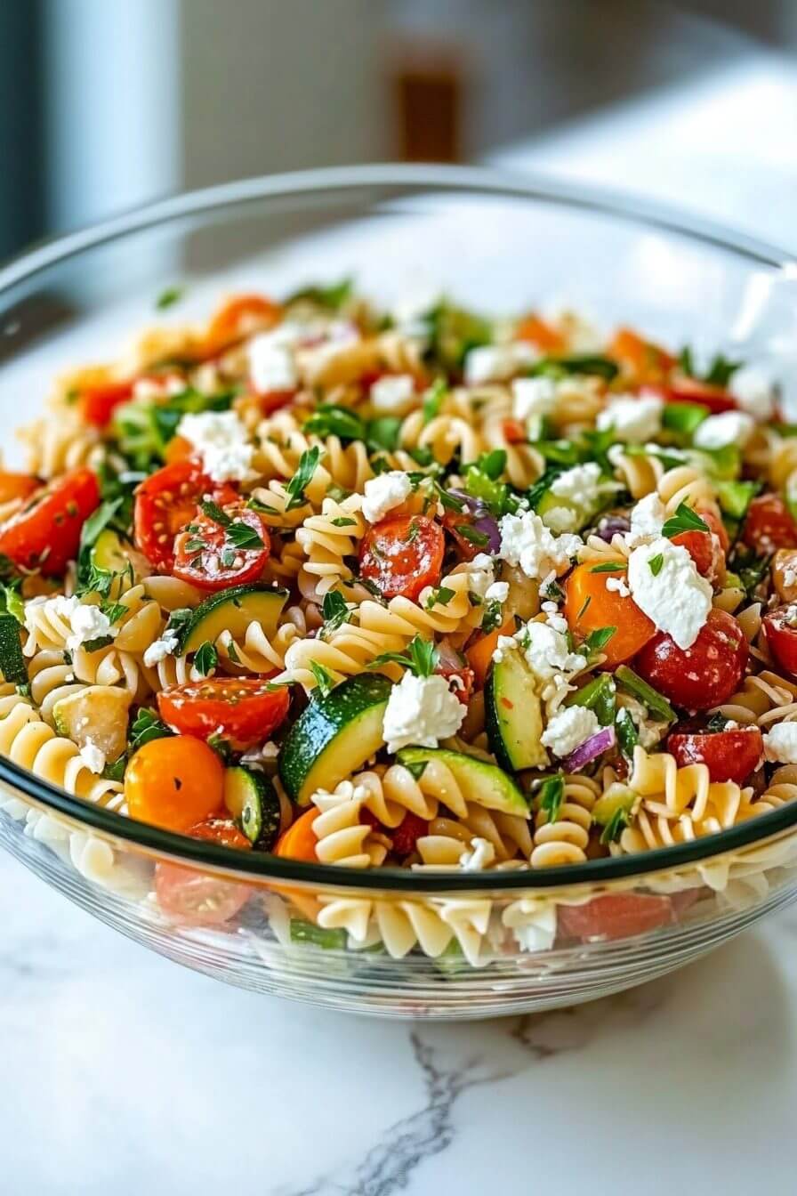 Italian pasta salad with rotini, tomatoes, mozzarella, and salami