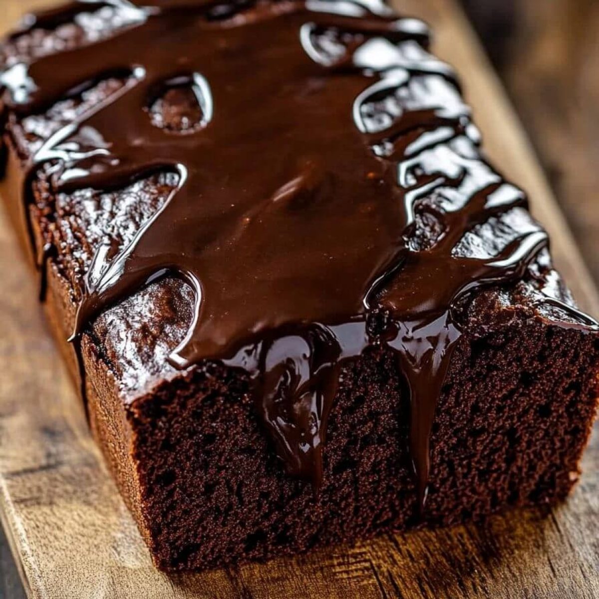 Chocolate brownie bread loaf with glossy chocolate topping