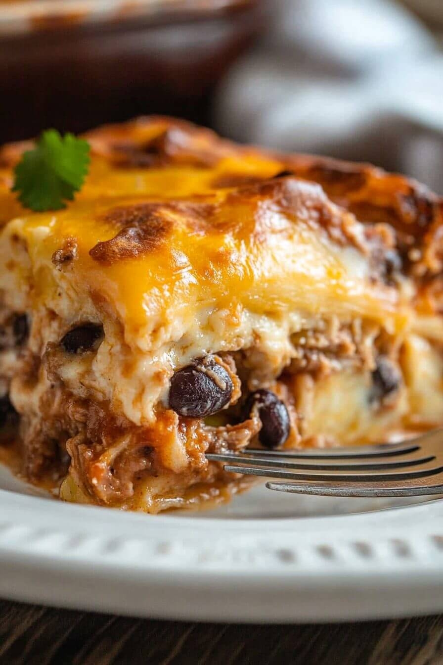 Cheesy Mexican tortilla casserole with melty cheese and rich layers