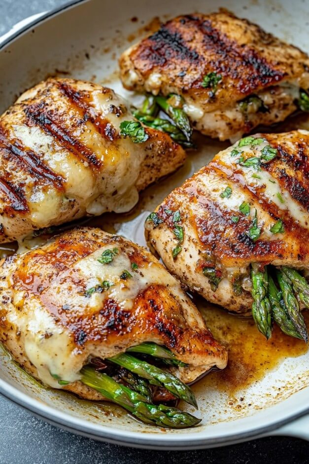 Three pieces of asparagus stuffed chicken