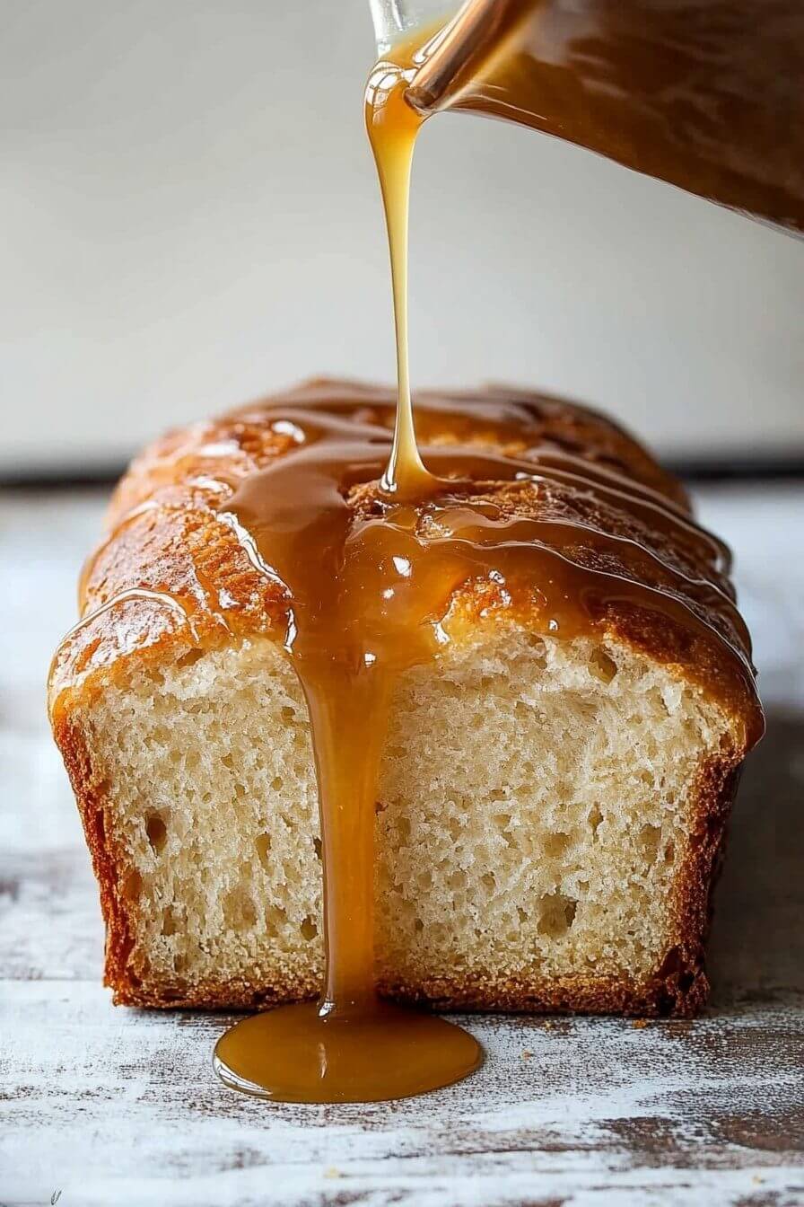 Banana bread drizzled with caramel glaze on a wooden board with a knife