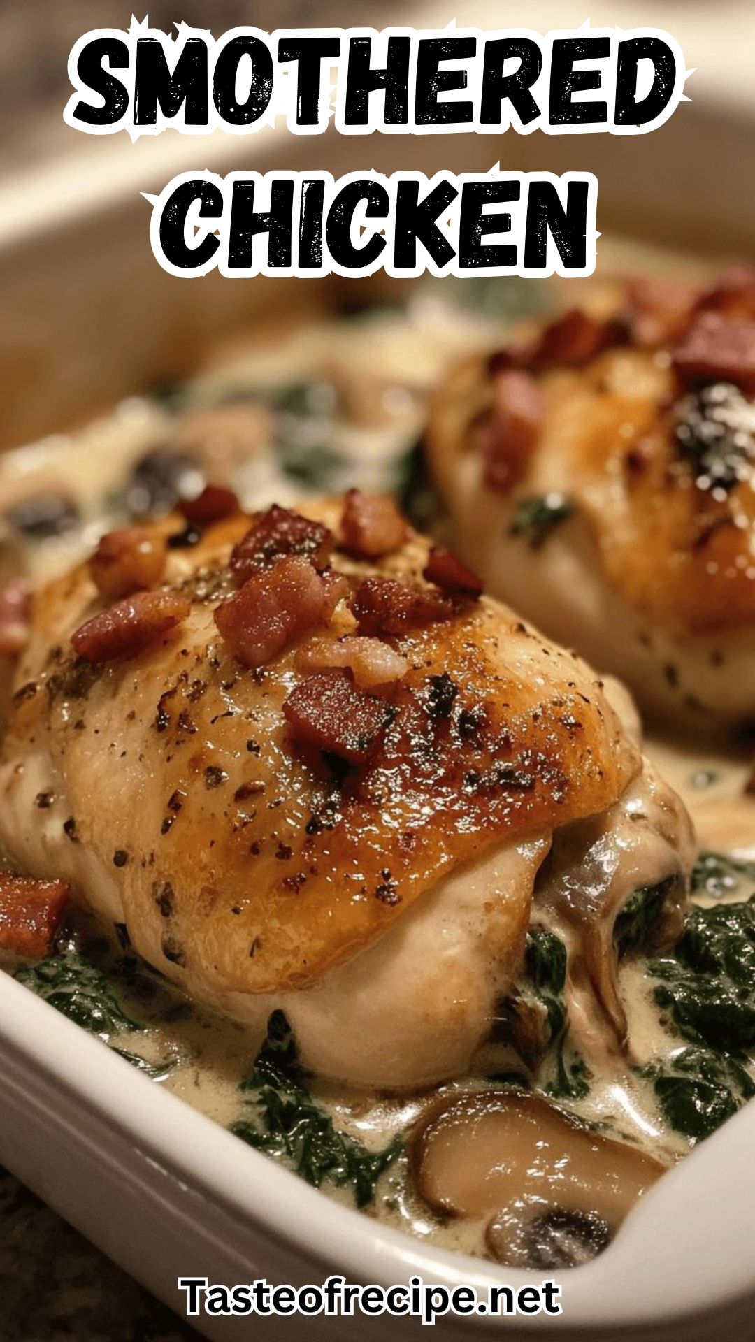 Smothered Chicken with Creamed Spinach, Bacon, and Mushrooms Smothered Chicken with Creamed Spinach, Bacon, and Mushrooms