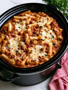 4-Ingredient Slow Cooker Baked Mostaccioli
