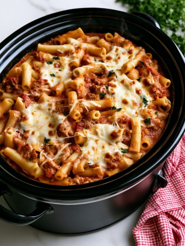 4-Ingredient Slow Cooker Baked Mostaccioli