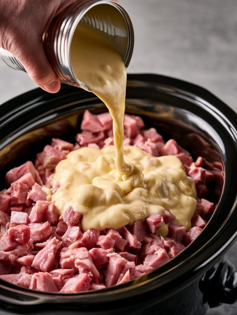 Slow Cooker 5-Ingredient Amish Cream of Chicken Ham Pasta