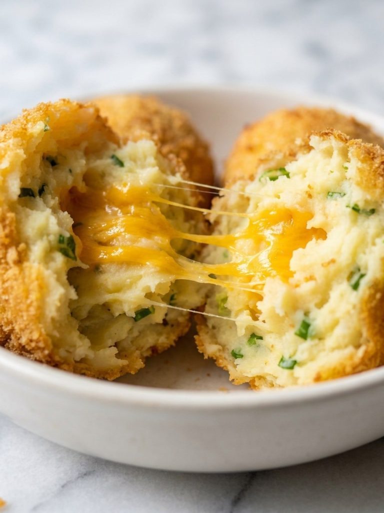 Close view of a crispy mashed potato ball broken open with melted cheddar and green onion inside