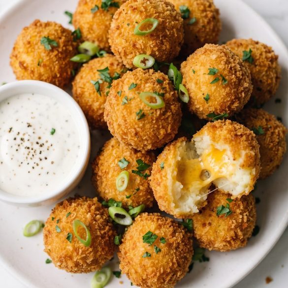 Golden panko-crusted mashed potato balls on a white plate with a small bowl of ranch dip