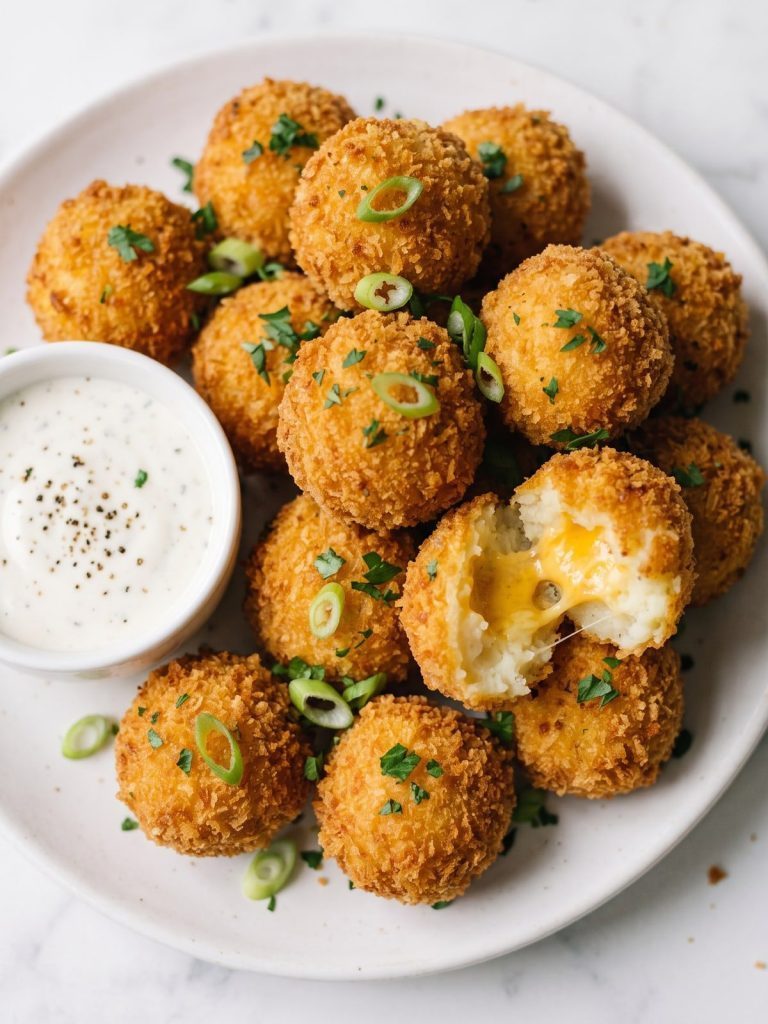 Golden panko-crusted mashed potato balls on a white plate with a small bowl of ranch dip