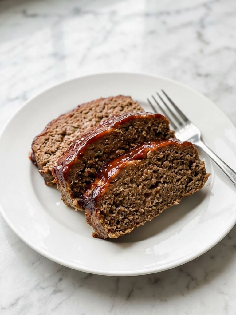 A white plate filled with thick slices of glazed meatloaf showing a moist, fully cooked center