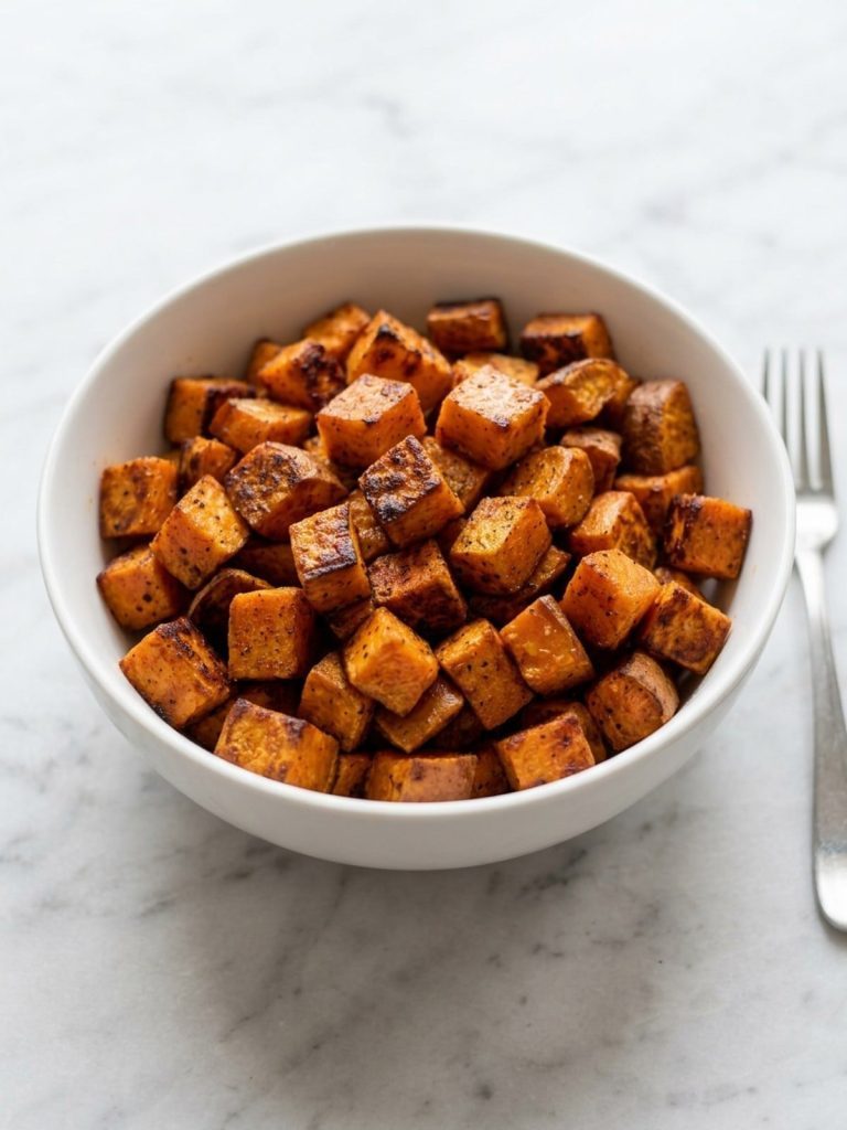 A white bowl filled with crisp-edged air fried sweet potato cubes seasoned with smoked paprika