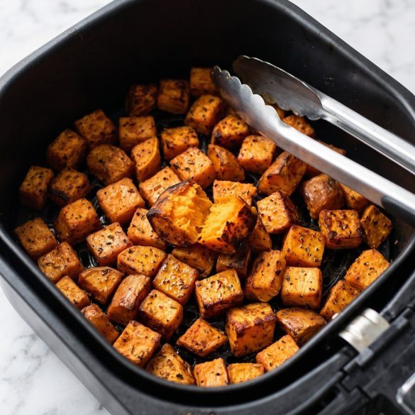 Golden air fried sweet potato cubes with smoked paprika in an air fryer basket