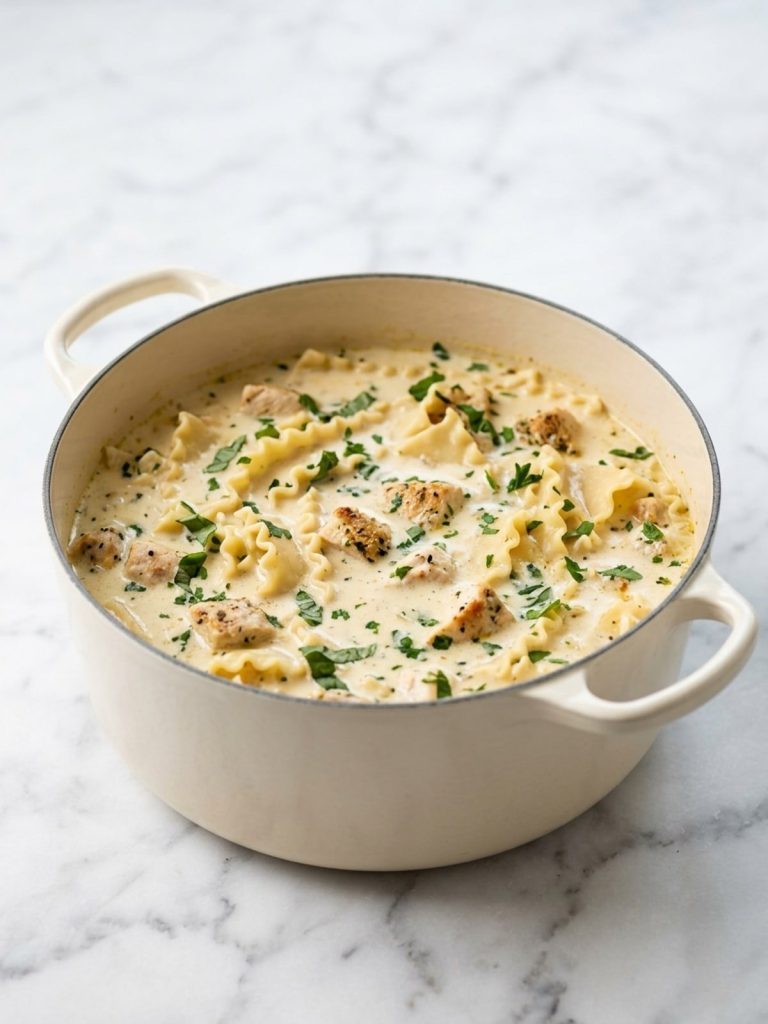Creamy Alfredo lasagna soup with noodles and chicken in a Dutch oven