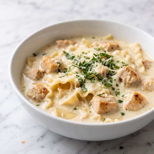 A bowl of creamy Alfredo lasagna soup with chicken, lasagna noodles and basil
