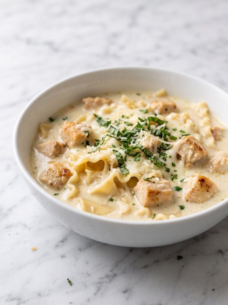 A bowl of creamy Alfredo lasagna soup with chicken, lasagna noodles and basil
