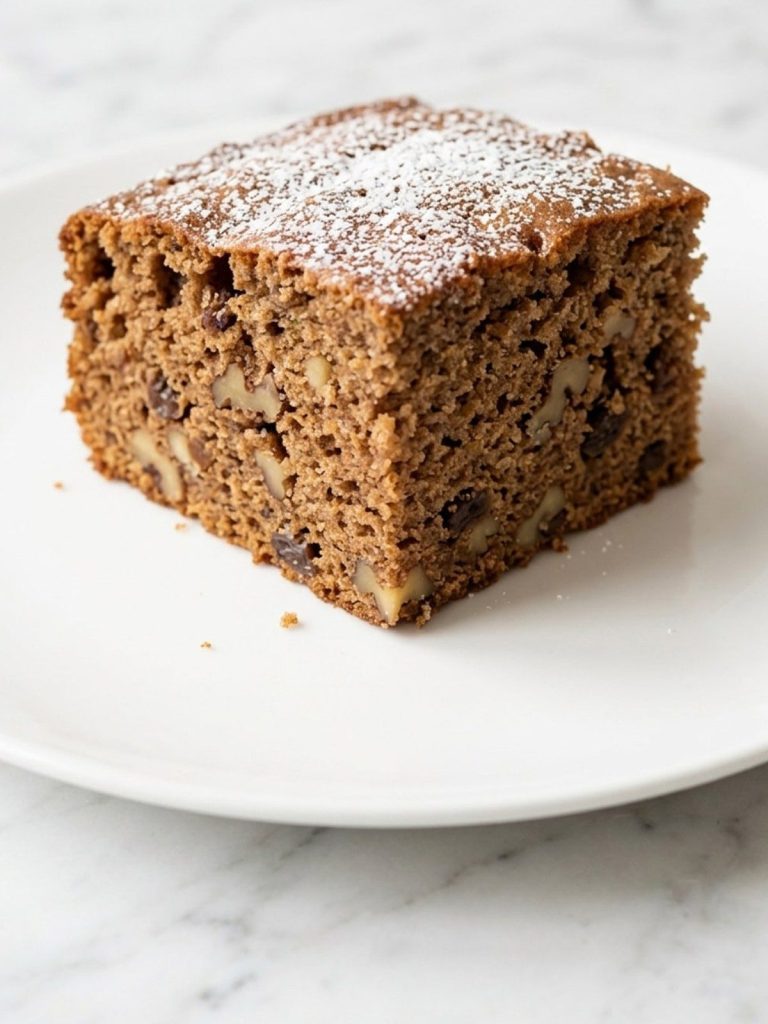 Close-up of a piece of applesauce cake showing walnuts and raisins in the crumb