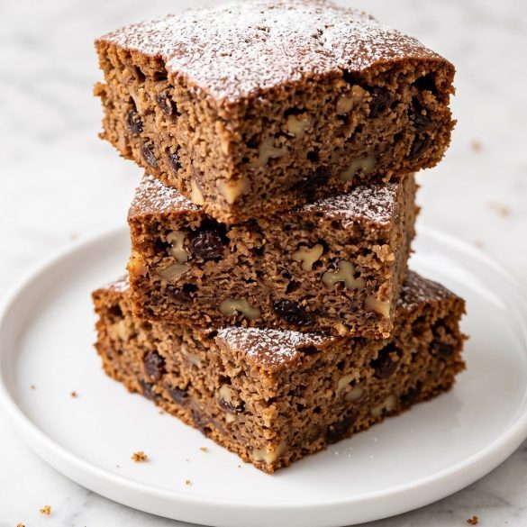 Squares of spiced applesauce cake with walnuts dusted with powdered sugar on a plate