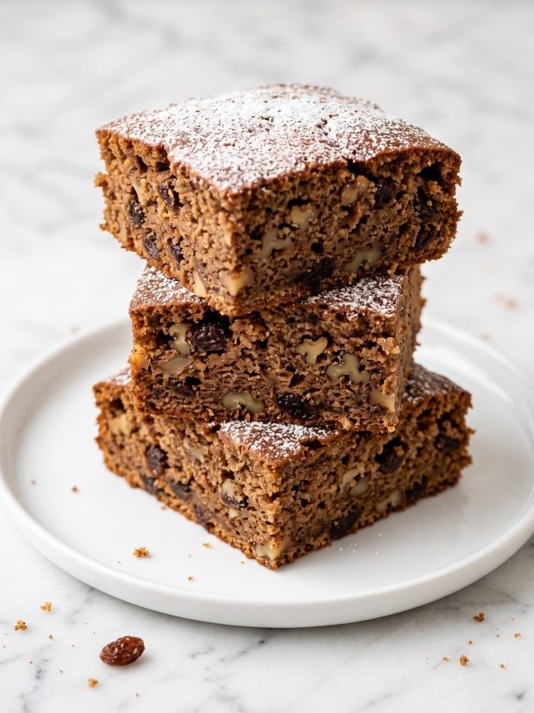 Squares of spiced applesauce cake with walnuts dusted with powdered sugar on a plate