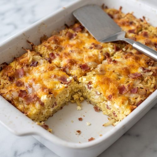A 13x9 dish of Amish breakfast casserole with a golden cheese top and one square lifted out, showing hash browns, egg and bacon