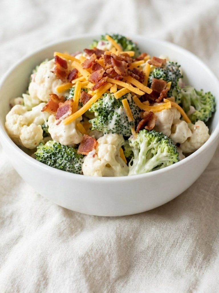 Close-up of broccoli and cauliflower florets in creamy dressing with bacon and cheddar