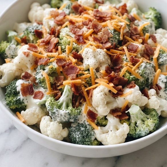 A bowl of creamy broccoli and cauliflower salad with crumbled bacon and shredded cheddar