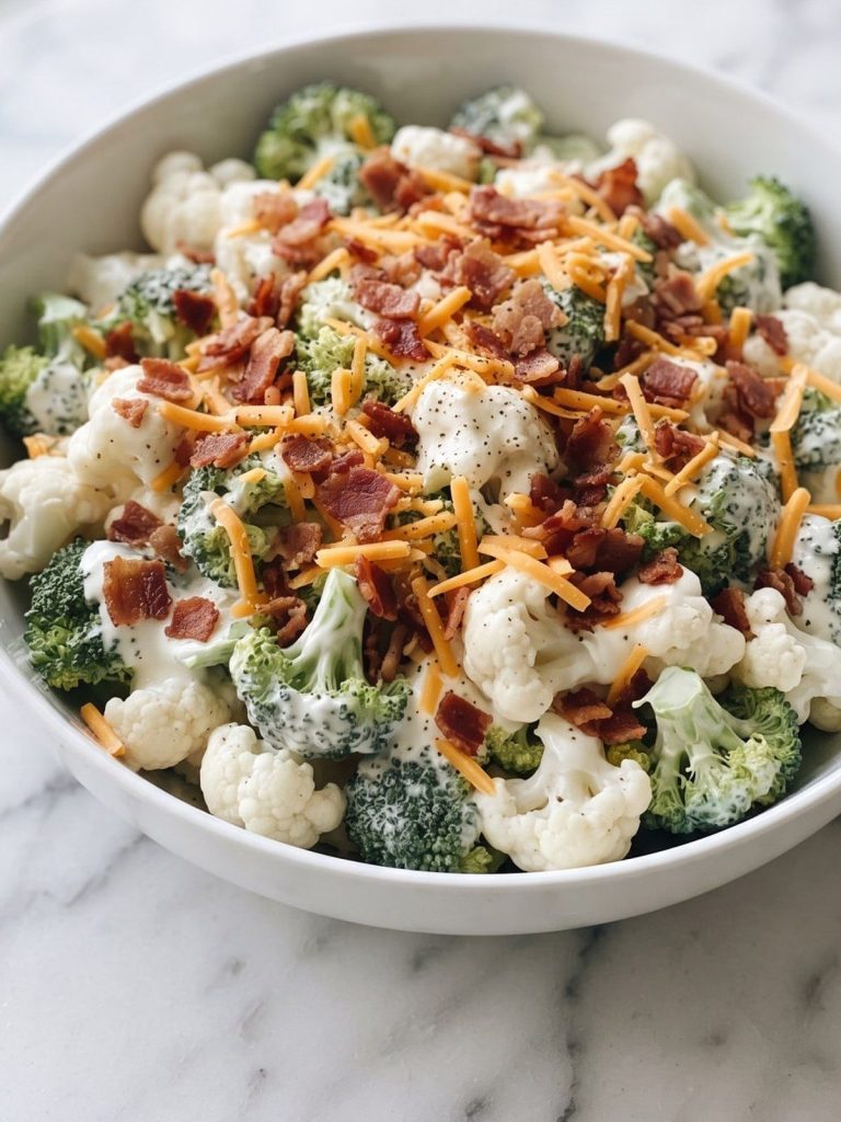 A bowl of creamy broccoli and cauliflower salad with crumbled bacon and shredded cheddar